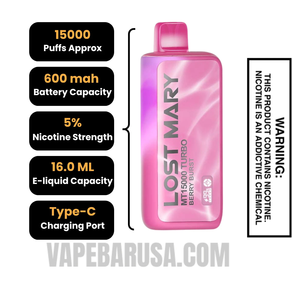 Berry Burst Lost Mary MT15000 Disposable Vape Specifications
Berry Burst Lost Mary MT15000 Disposable Vape Specifications