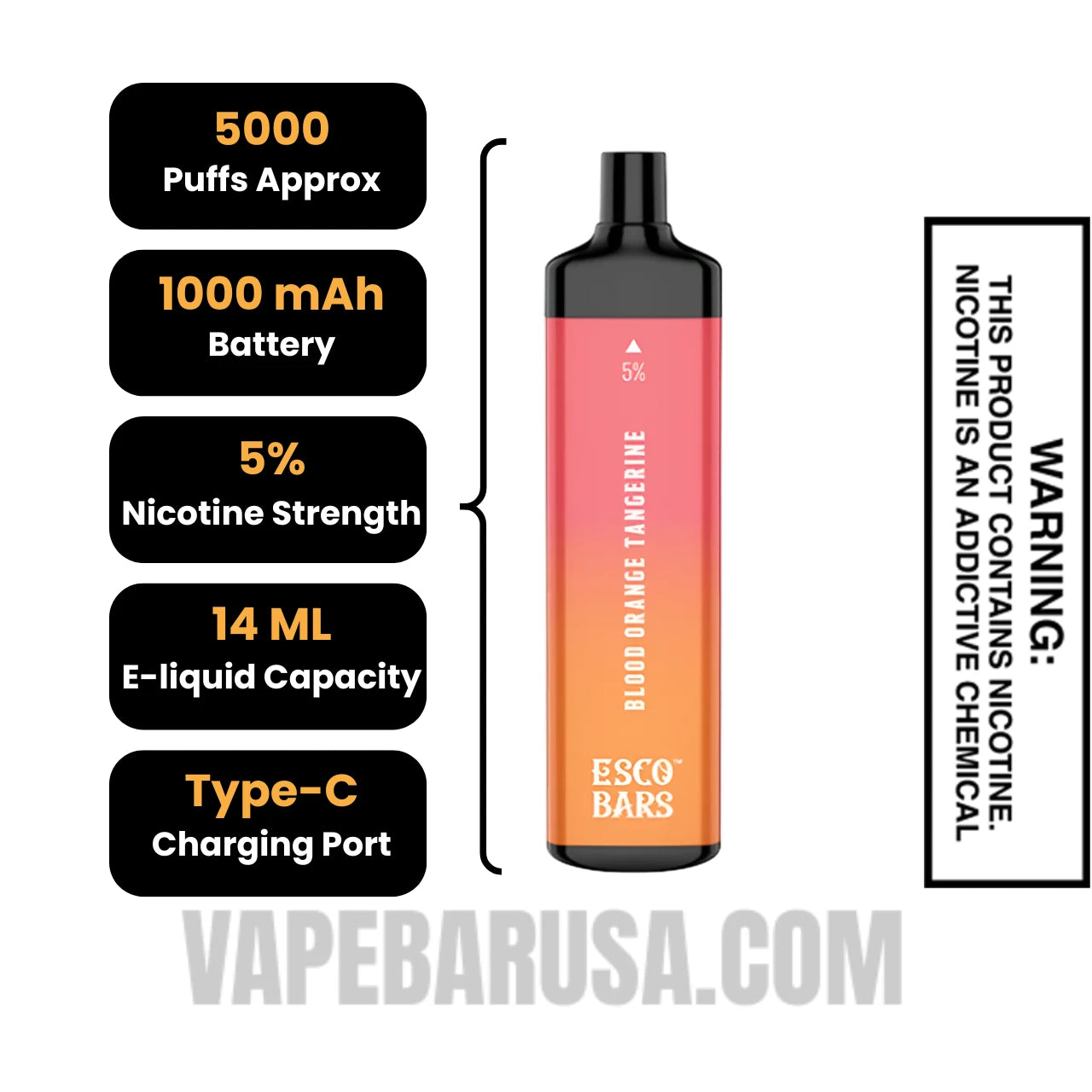 Blood Orange Tangerine Esco Bars 5000 Puffs Disposable Vape Specifications Blood Orange Tangerine Esco Bars 5000 Puffs Disposable Vape Specifications