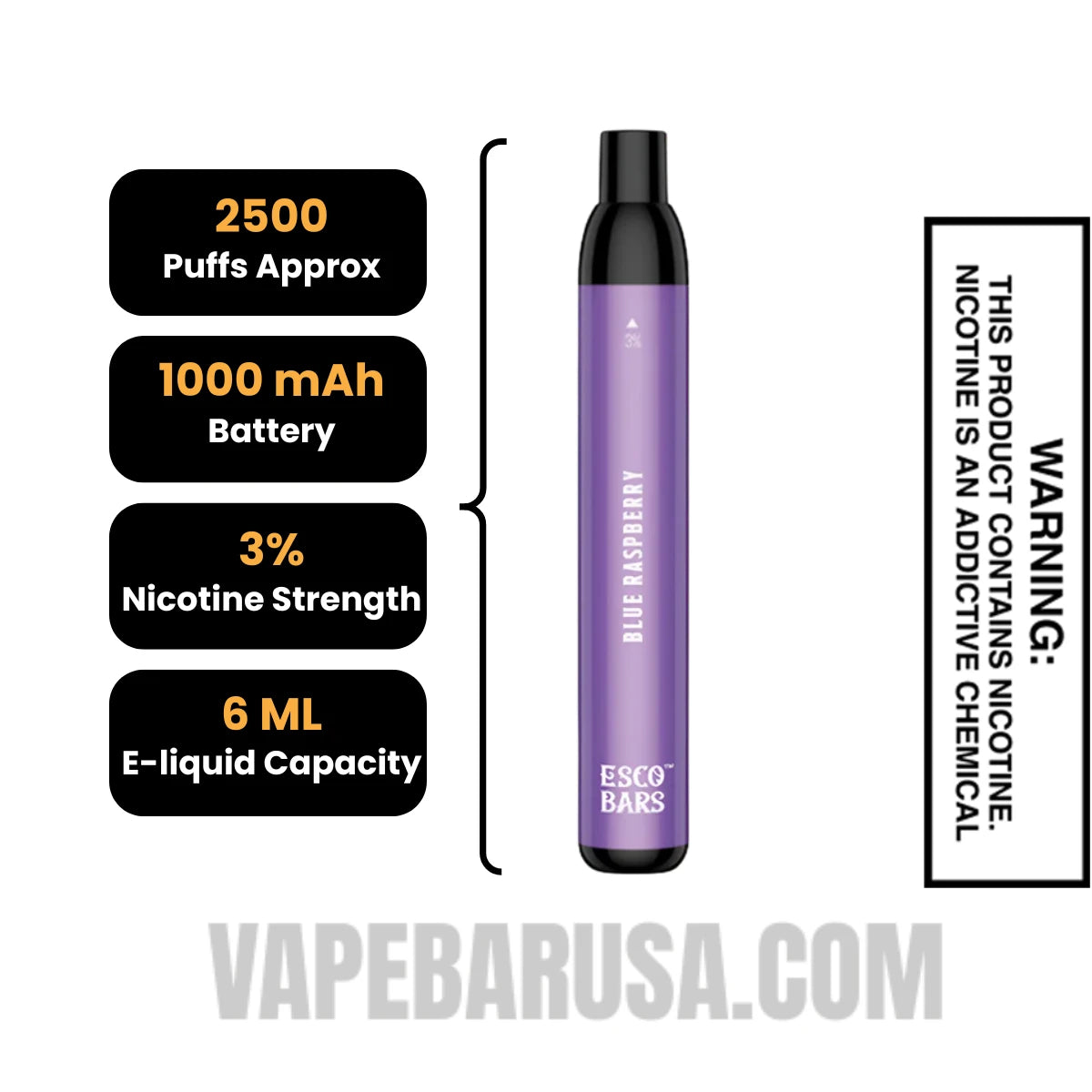 Blue Raspberry Esco Bar Mesh Vape 2500 Puffs 3% Nic Specifications Blue Raspberry Esco Bar Mesh Vape 2500 Puffs 3% Nic Specifications