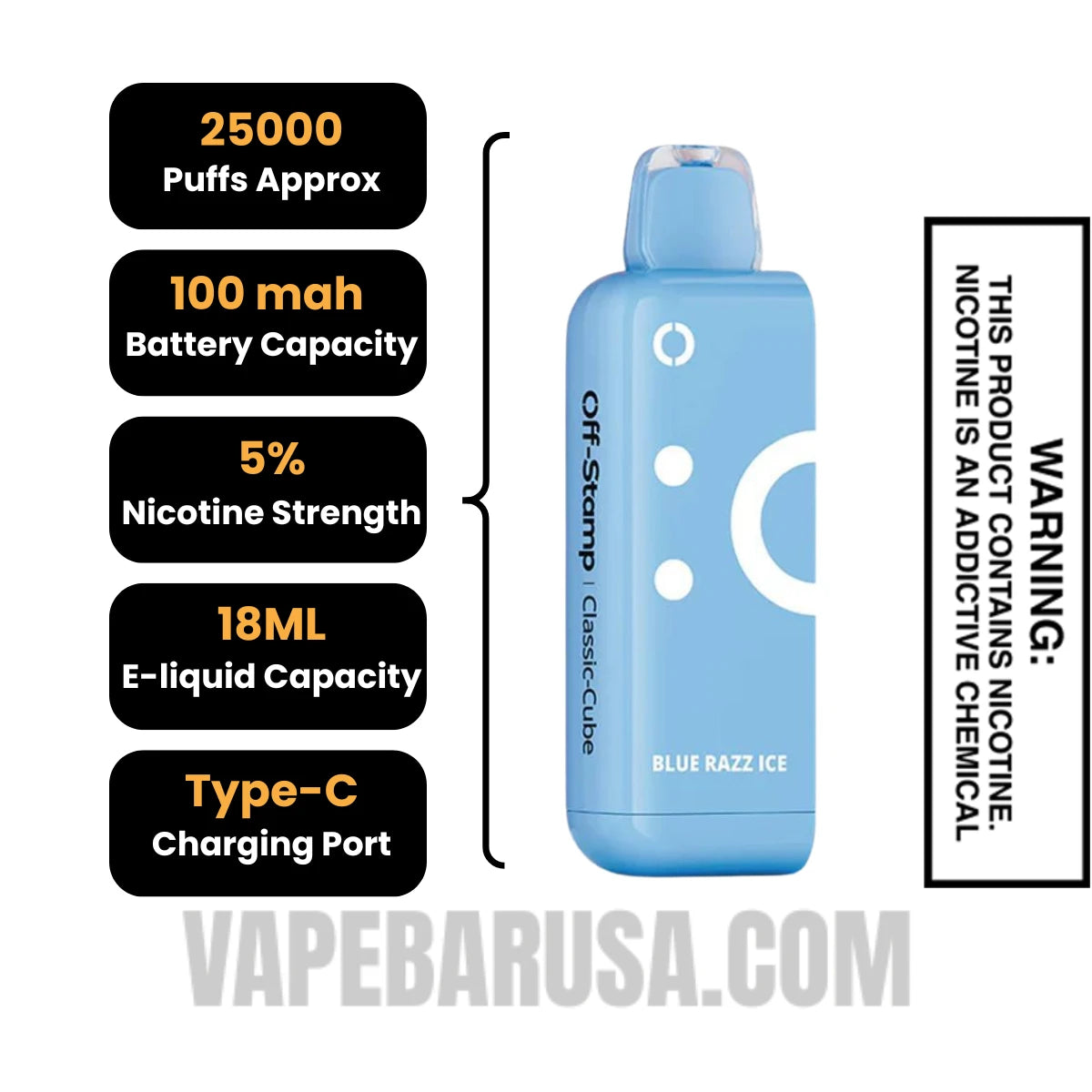 Blue Razz Ice Off Stamp Classic Cube 25K Disposable Pod Specifications Blue Razz Ice Off Stamp Classic Cube 25K Disposable Pod Specifications