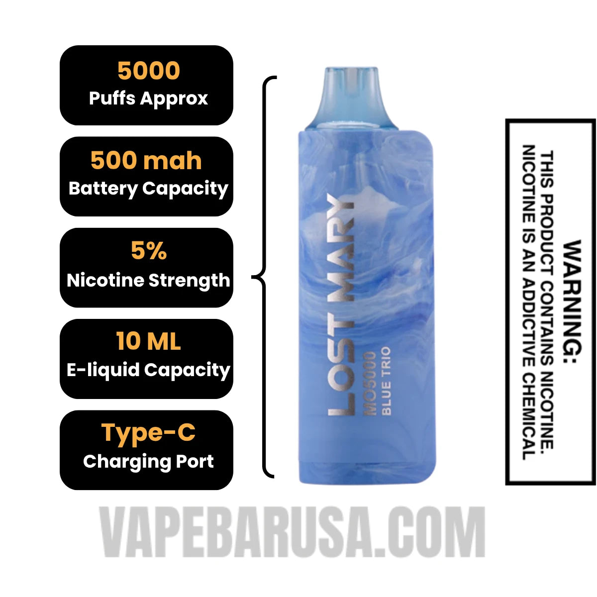 Blue Trio Lost Mary MO5000 Disposable Vape Specifications Blue Trio Lost Mary MO5000 Disposable Vape Specifications
