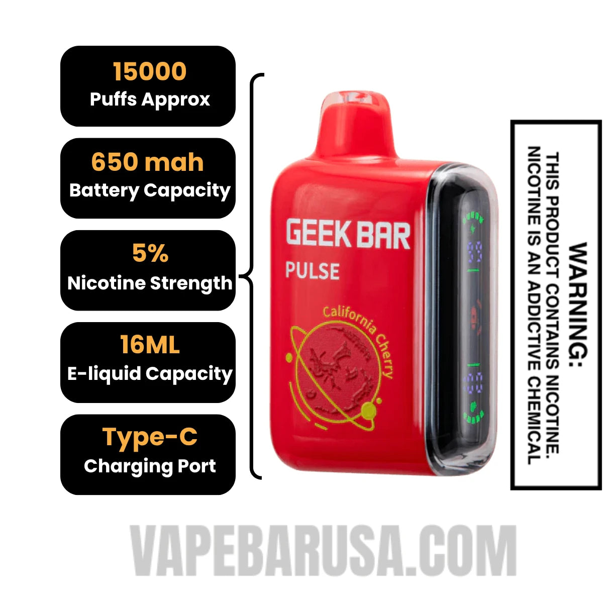 California Cherry Geek Bar Pulse Disposable Vape Specifications
California Cherry Geek Bar Pulse Disposable Vape Specifications