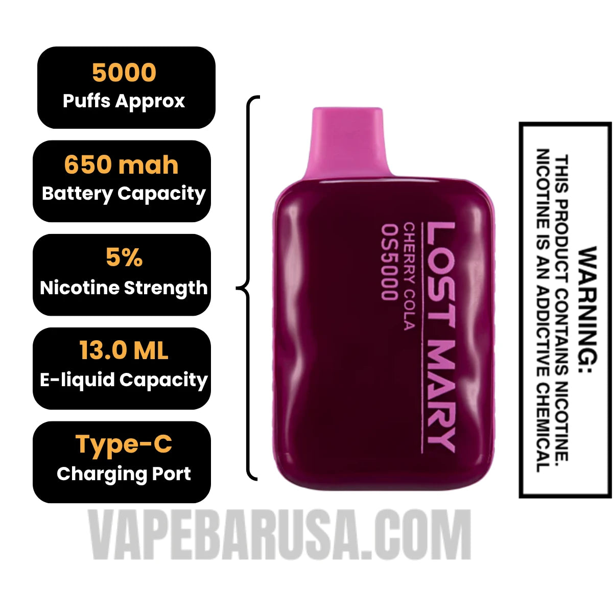 Cherry Cola Lost Mary OS5000 Disposable Vape Specifications Cherry Cola Lost Mary OS5000 Disposable Vape Specifications
