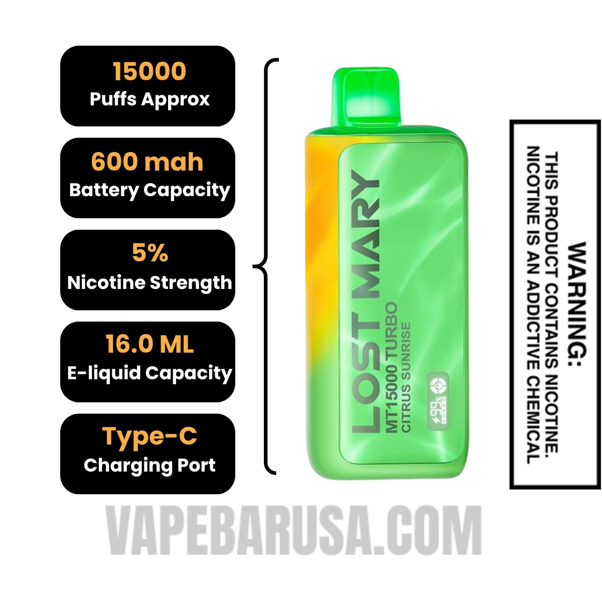 Citrus Sunrise Lost Mary MT15000 Disposable Vape Specifications Citrus Sunrise Lost Mary MT15000 Disposable Vape Specifications