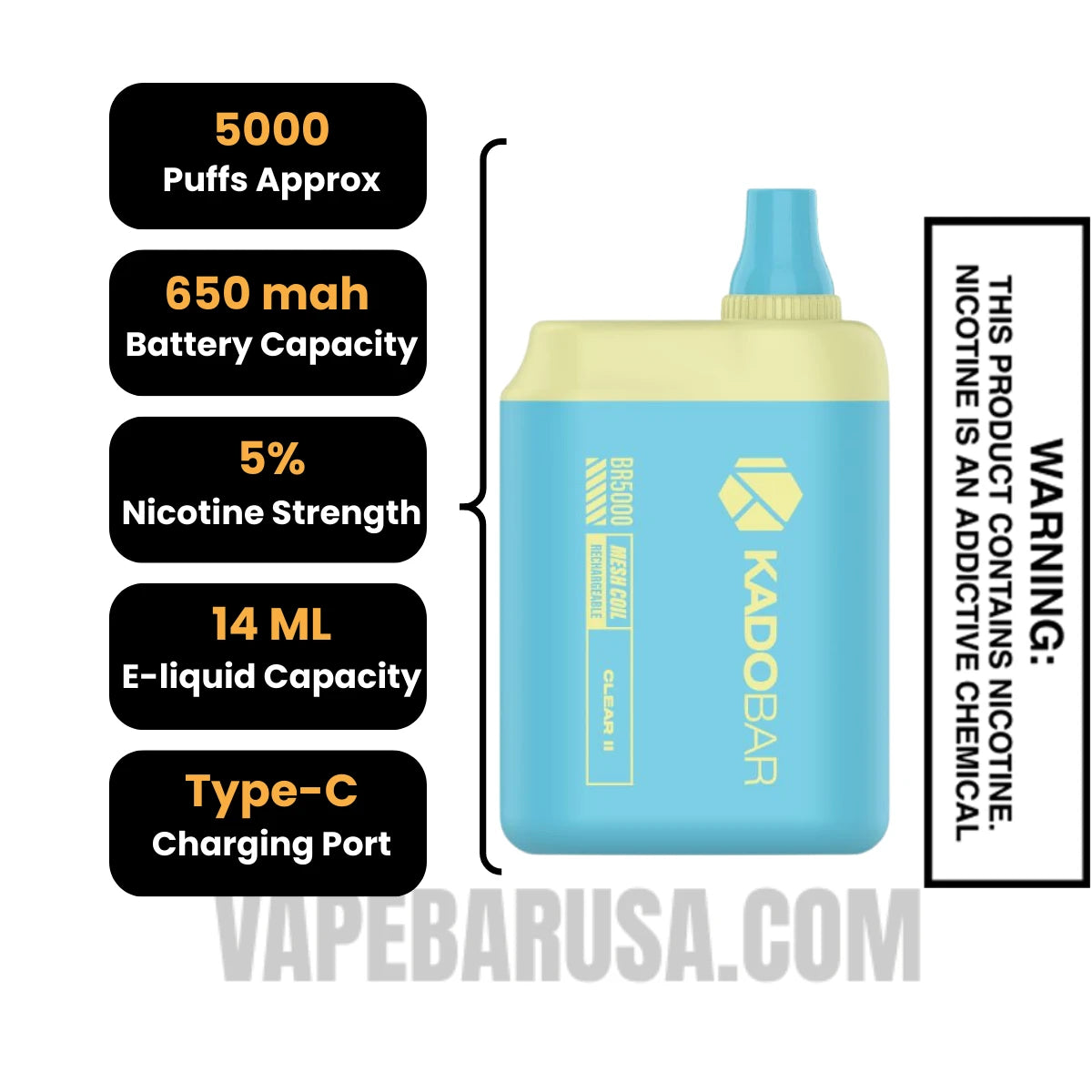 Clear II Kado Bar BR5000 Disposable Vape Specifications Clear II Kado Bar BR5000 Disposable Vape Specifications