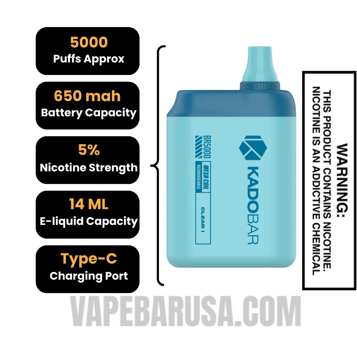 Clear I Kado Bar BR5000 Disposable Vape Specifications Clear I Kado Bar BR5000 Disposable Vape Specifications