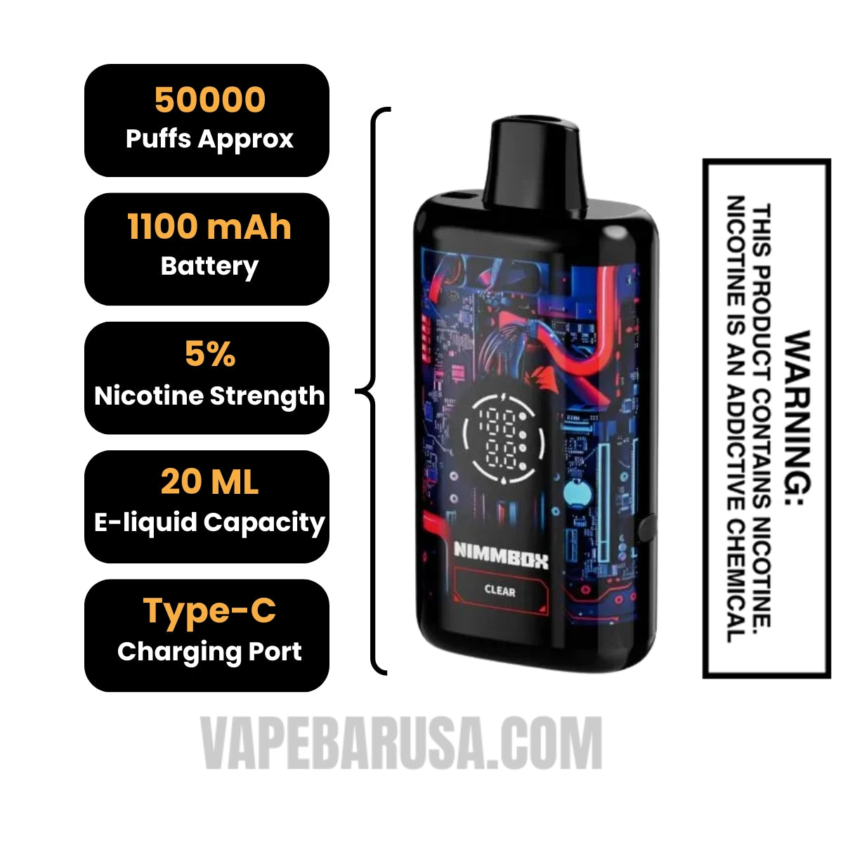 Clear Nimmbox MECHA 50K Disposable Vape Specifications Clear Nimmbox MECHA 50K Disposable Vape Specifications