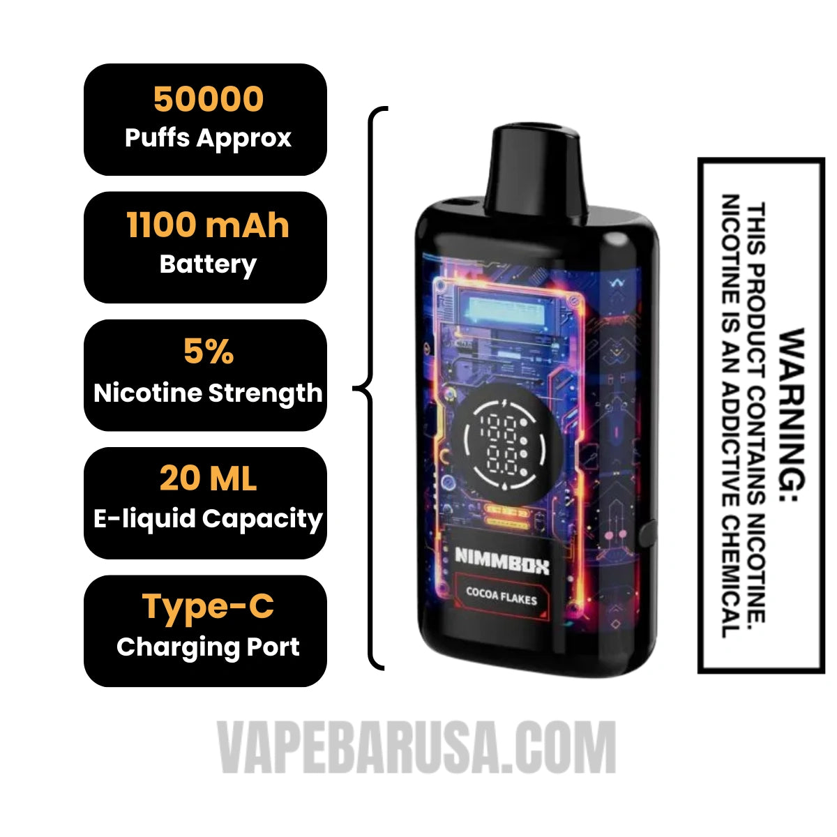 Cocoa Flakes Nimmbox MECHA 50K Disposable Vape Specifications Cocoa Flakes Nimmbox MECHA 50K Disposable Vape Specifications