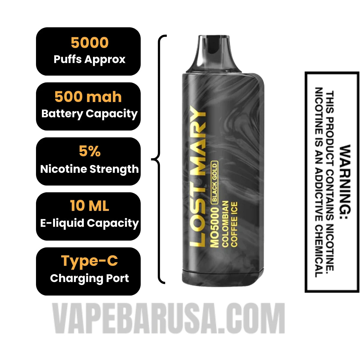 Colombian Coffee Ice Lost Mary MO5000 Black Gold Edition Vape Specifications Colombian Coffee Ice Lost Mary MO5000 Black Gold Edition Vape Specifications