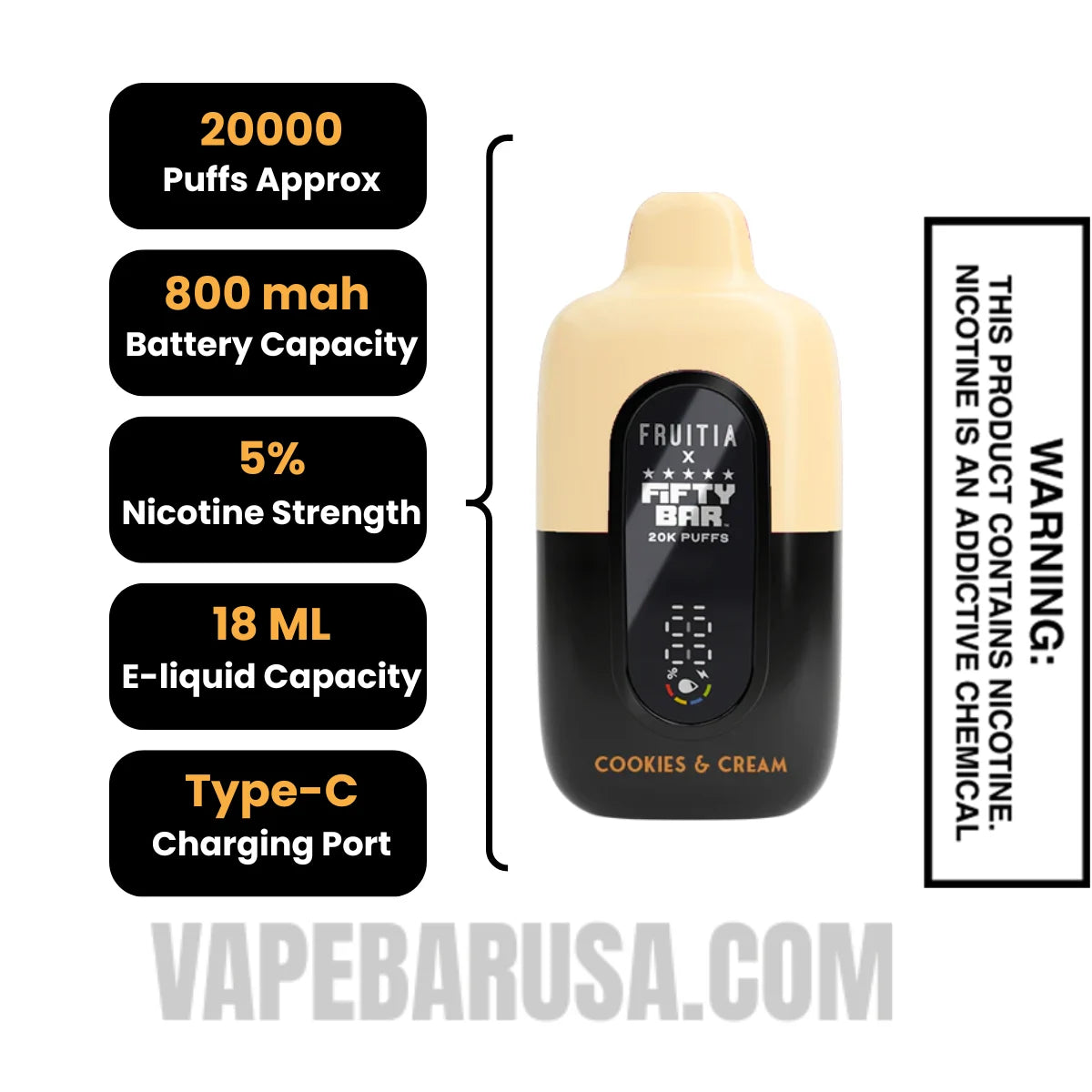 Cookies & Cream Fruitia X Fifty Bar 20K Disposable Vape Specifications Cookies & Cream Fruitia X Fifty Bar 20K Disposable Vape Specifications