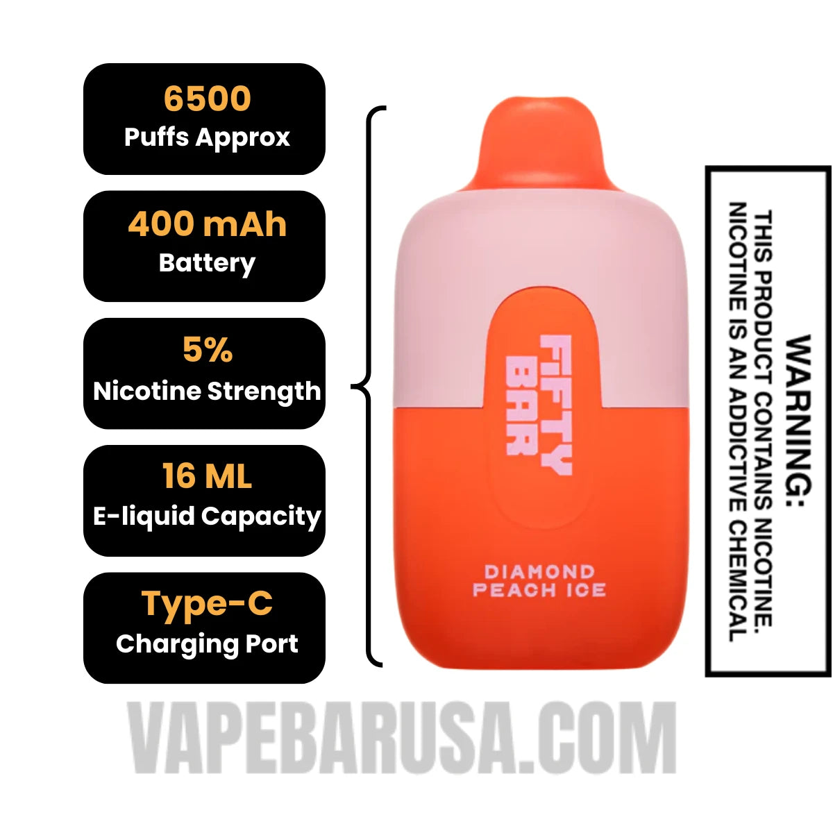 Diamond Peach Ice Fifty Bar Disposable Vape 6500 Puffs Specifications Diamond Peach Ice Fifty Bar Disposable Vape 6500 Puffs Specifications