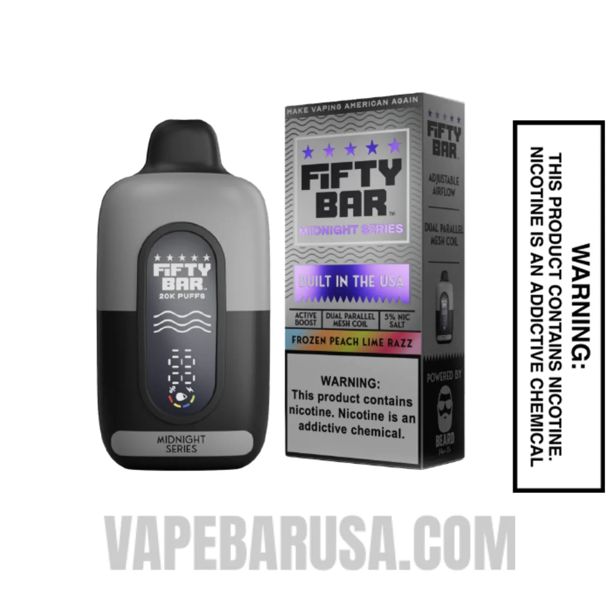 Frozen Peach Lime Razz Fifty Bar 20K Midnight Series Disposable Vape With Package Box Frozen Peach Lime Razz Fifty Bar 20K Midnight Series Disposable Vape With Package Box