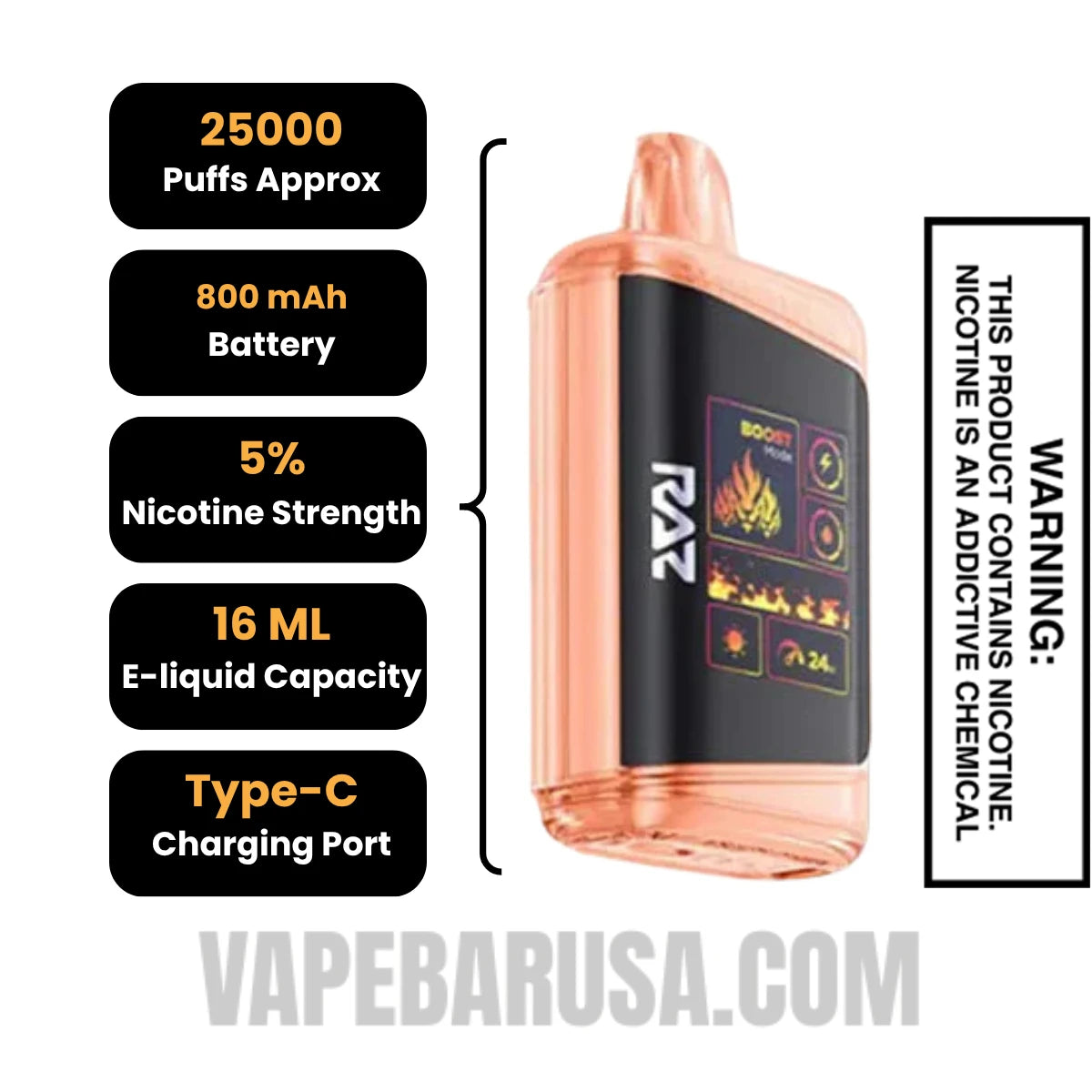 Georgia Peach RAZ DC25000 Disposable Vape Specifications Georgia Peach RAZ DC25000 Disposable Vape Specifications