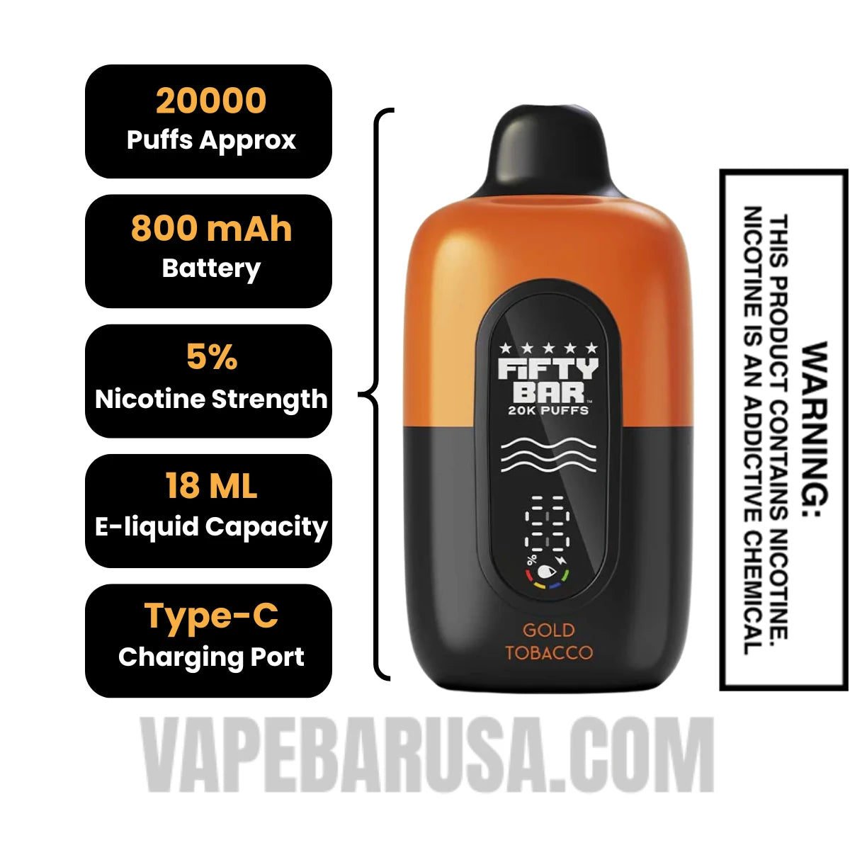 Gold Tobacco Fifty Bar 20k Disposable Vape Specifications Gold Tobacco Fifty Bar 20k Disposable Vape Specifications