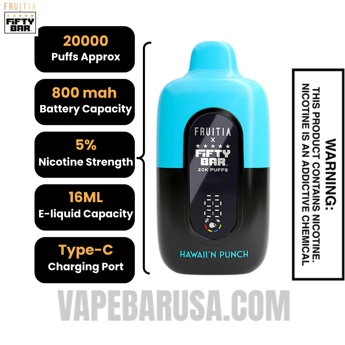 Hawaii'n Punch Fruitia X Fifty Bar 20K Vape Specifications Hawaii'n Punch Fruitia X Fifty Bar 20K Vape Specifications