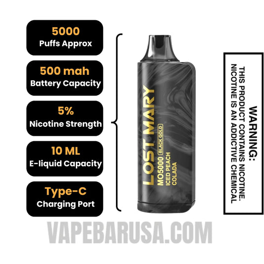 Iced Peach Colada Lost Mary MO5000 Black Gold Edition Vape Iced Peach Colada Lost Mary MO5000 Black Gold Edition Vape