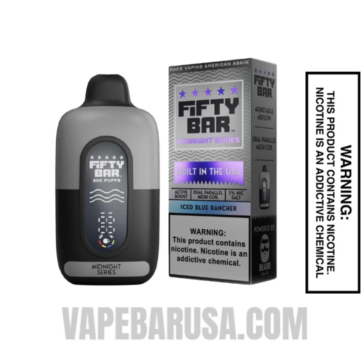 Iced Blue Rancher Fifty Bar 20K Midnight Series Disposable Vape With Package Box Iced Blue Rancher Fifty Bar 20K Midnight Series Disposable Vape With Package Box