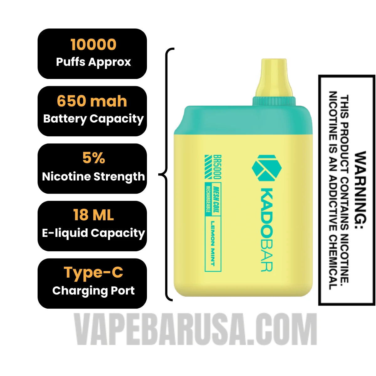 Lemon Mint Kado Bar BR5000 Disposable Vape Specifications Lemon Mint Kado Bar BR5000 Disposable Vape Specifications
