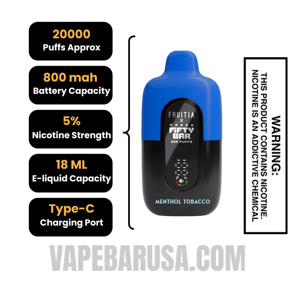 Menthol Tobacco Fruitia X Fifty Bar 20K Disposable Vape Specifications Menthol Tobacco Fruitia X Fifty Bar 20K Disposable Vape Specifications