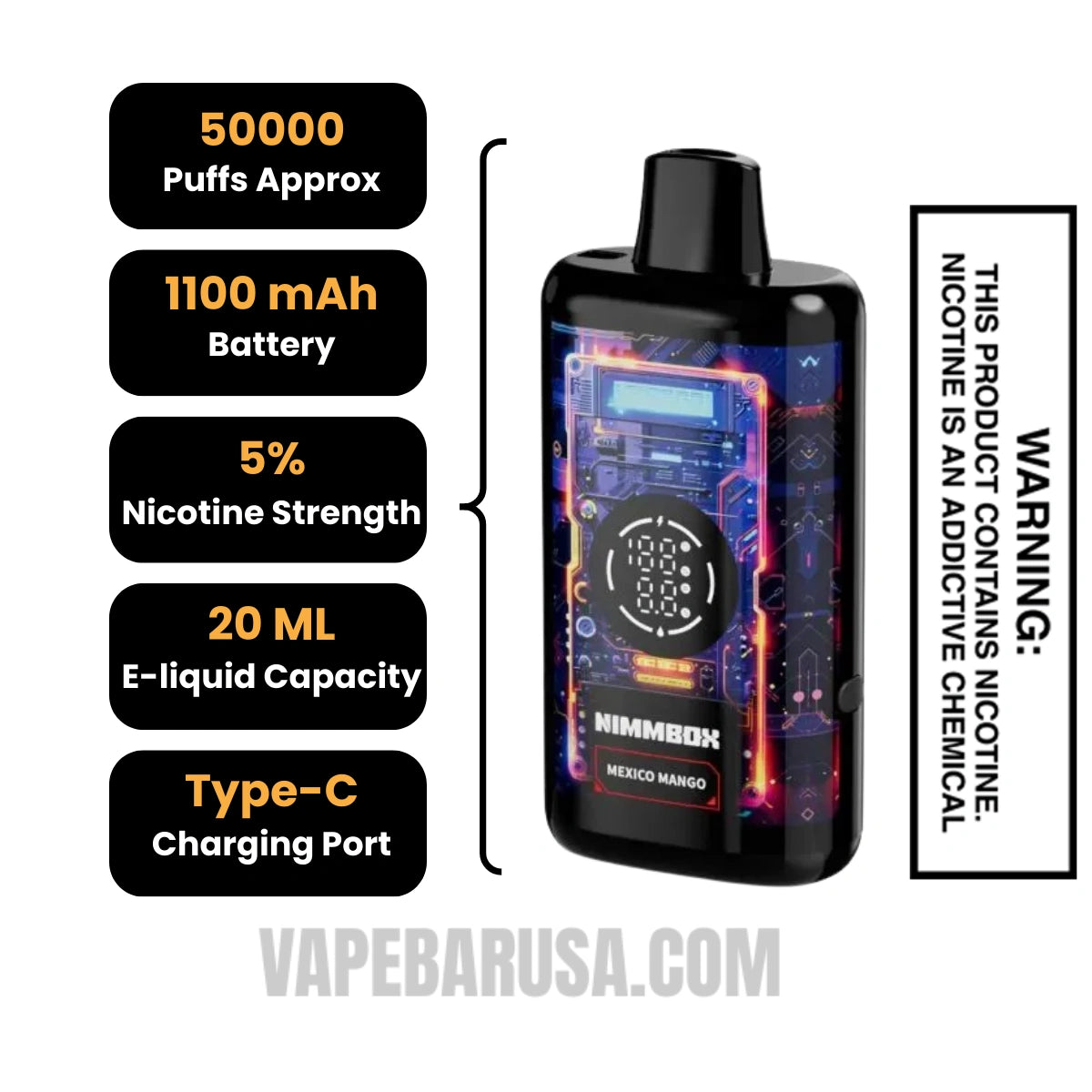 Mexico Mango Nimmbox MECHA 50K Disposable Vape Specifications Mexico Mango Nimmbox MECHA 50K Disposable Vape Specifications