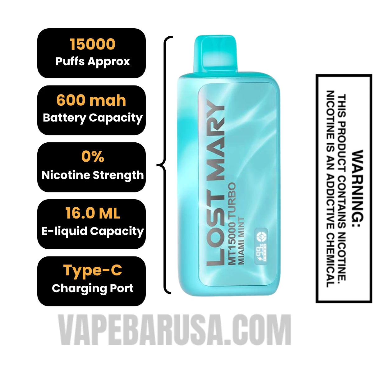 Miami Mint Lost Mary MT15000 Turbo Vape - 0% Nic Specifications Miami Mint Lost Mary MT15000 Turbo Vape - 0% Nic Specifications