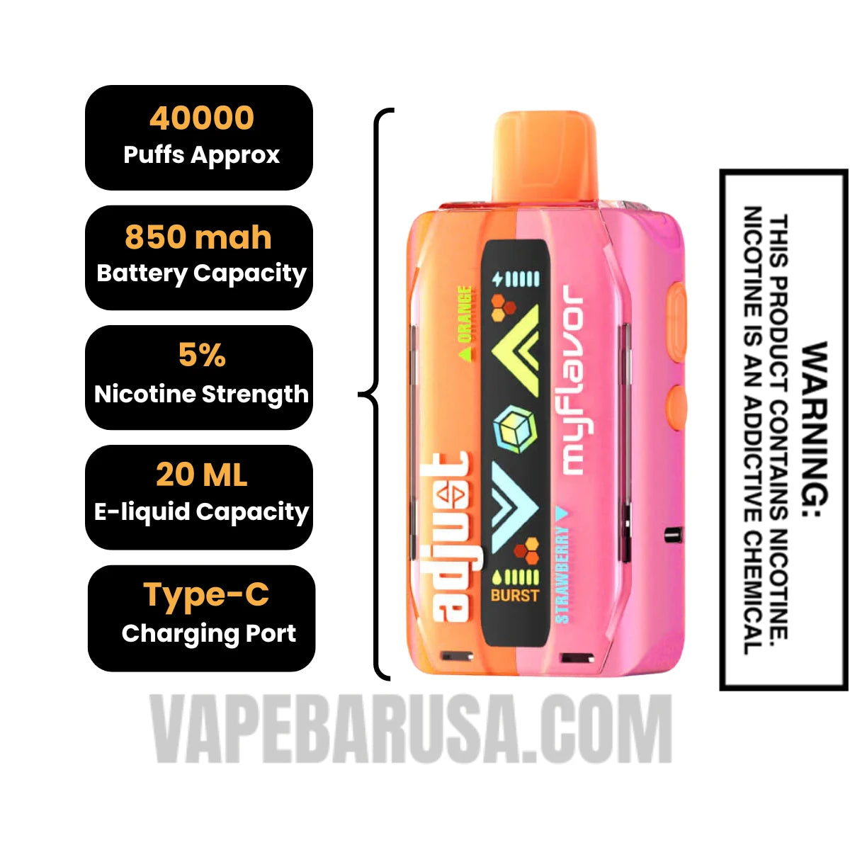 Orange Strawberry Adjust MyFlavor 40K Disposable Vape Specifications Orange Strawberry Adjust MyFlavor 40K Disposable Vape Specifications