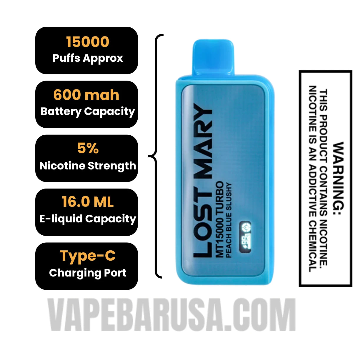 Peach Blue Slushy Lost Mary MT15000 Disposable Vape Specifications Peach Blue Slushy Lost Mary MT15000 Disposable Vape Specifications