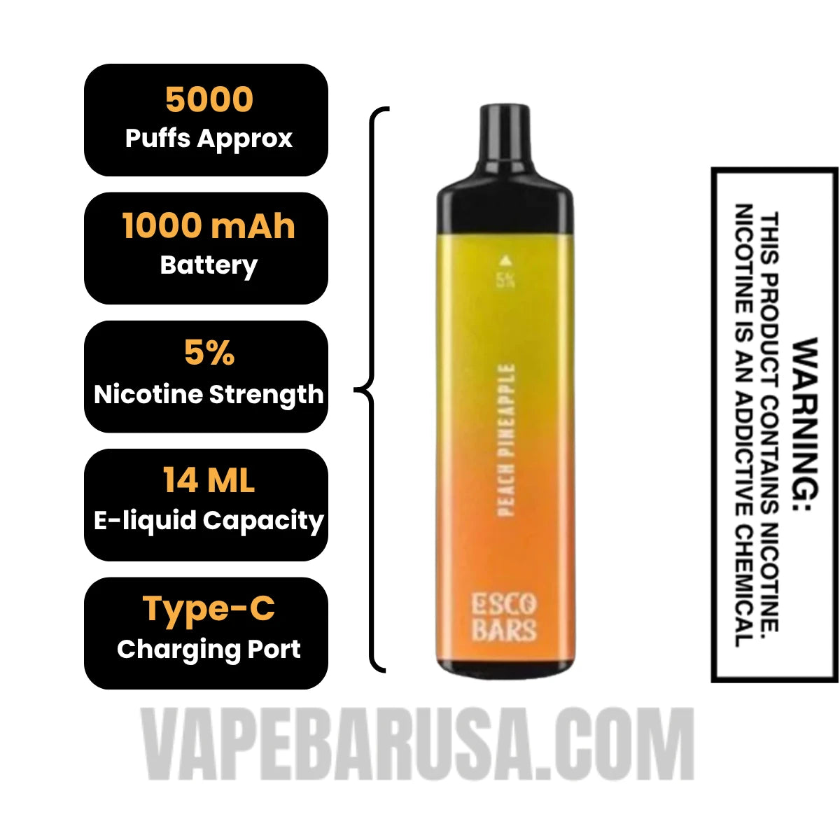 Peach Pineapple Esco Bars 5000 Puffs Disposable Vape Specifications Peach Pineapple Esco Bars 5000 Puffs Disposable Vape Specifications