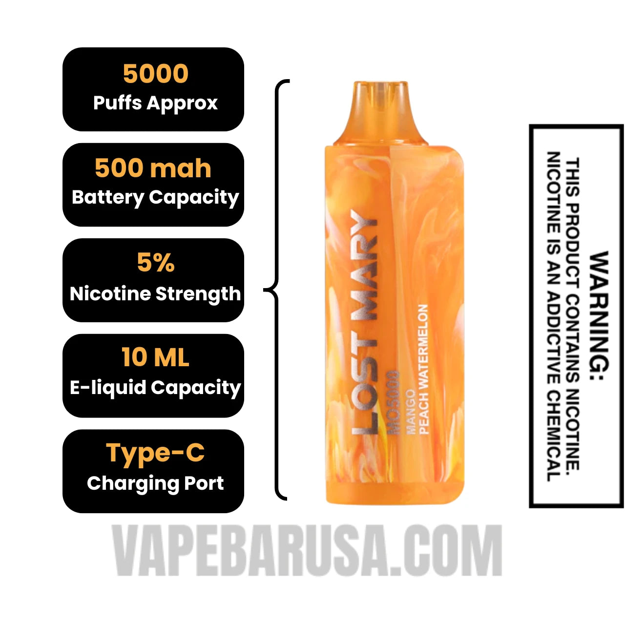 Peach Mango Watermelon Lost Mary MO5000 Disposable Vape Specifications Peach Mango Watermelon Lost Mary MO5000 Disposable Vape Specifications