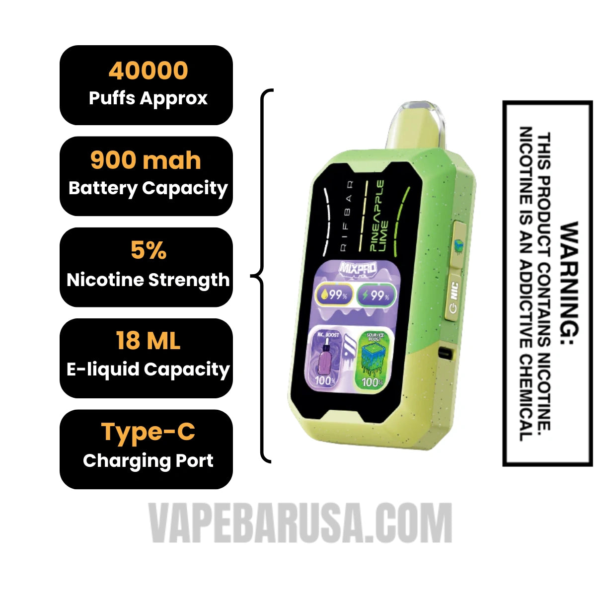 Pineapple Lime Rifbar MixPro Sour 40K Disposable Vape Specifications Pineapple Lime Rifbar MixPro Sour 40K Disposable Vape Specifications