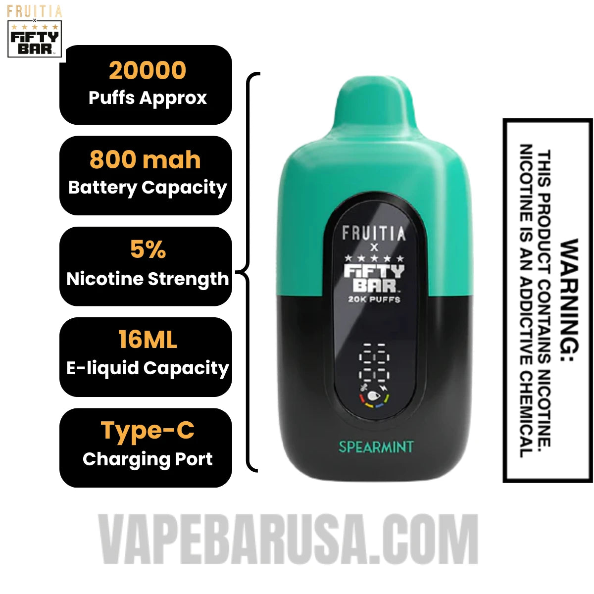 Spearmint Fruitia X Fifty Bar 20K Vape Specification Spearmint Fruitia X Fifty Bar 20K Vape Specification
