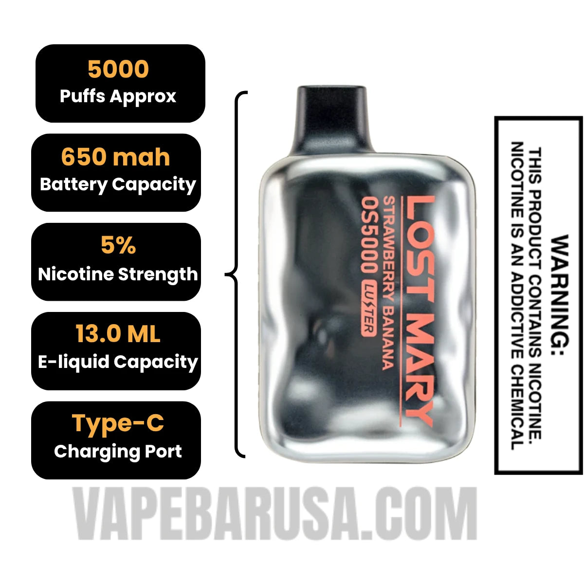 Strawberry Banana Lost Mary OS5000 Luster Vape Specifications Strawberry Banana Lost Mary OS5000 Luster Vape Specifications