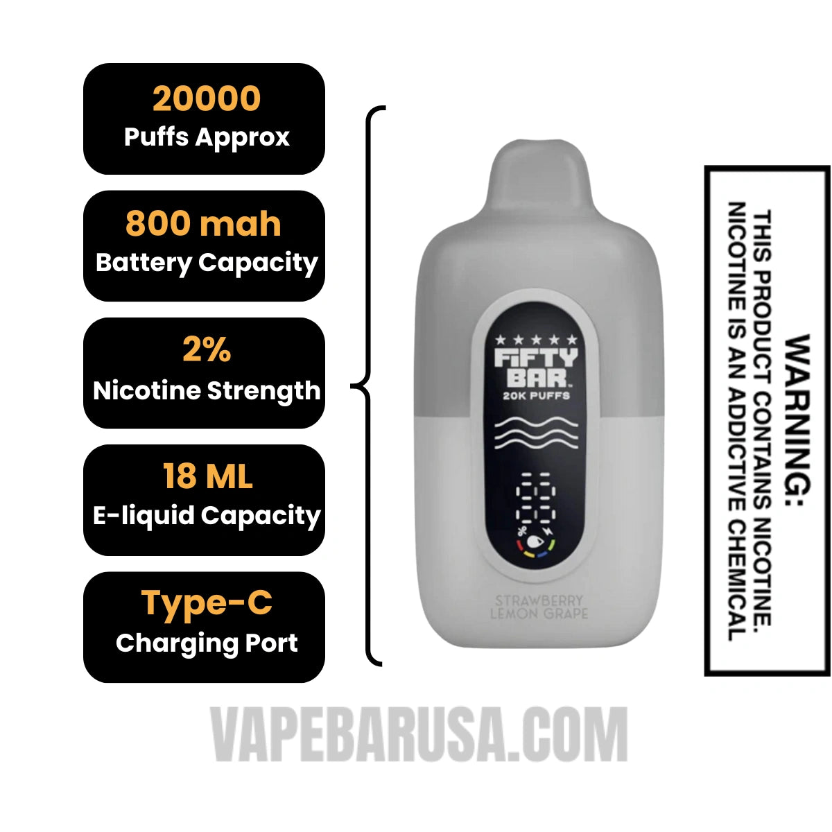 Strawberry Lemon Grape Fifty Bar 20K Silver Series 2% Disposable Vape Specifications Strawberry Lemon Grape Fifty Bar 20K Silver Series 2% Disposable Vape Specifications