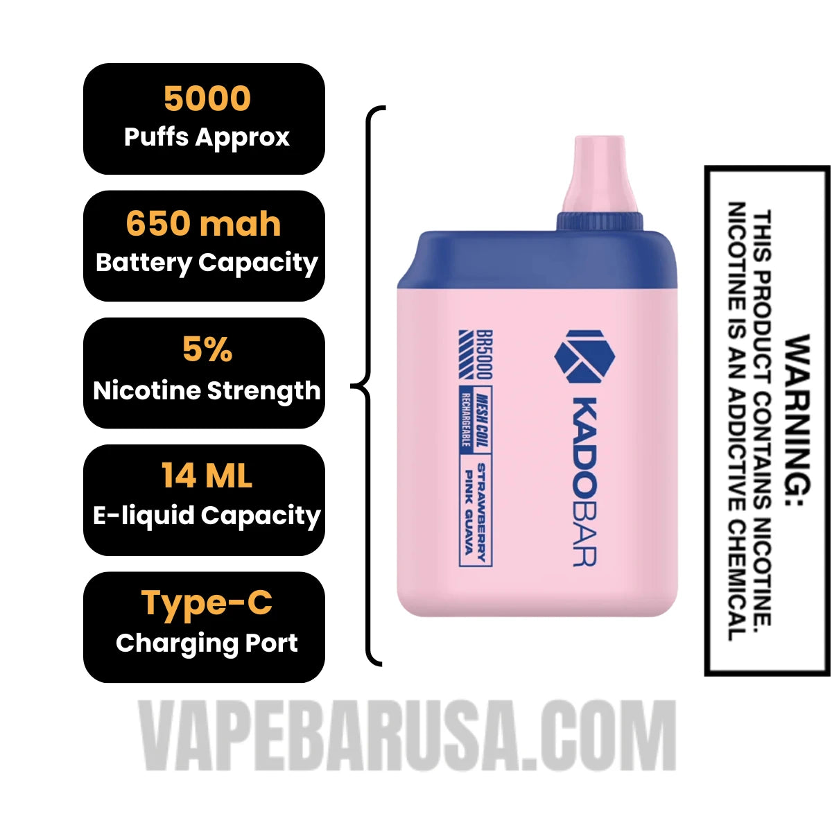 Strawberry Pink Guava Kado Bar BR5000 Disposable Vape Specifications Strawberry Pink Guava Kado Bar BR5000 Disposable Vape Specifications