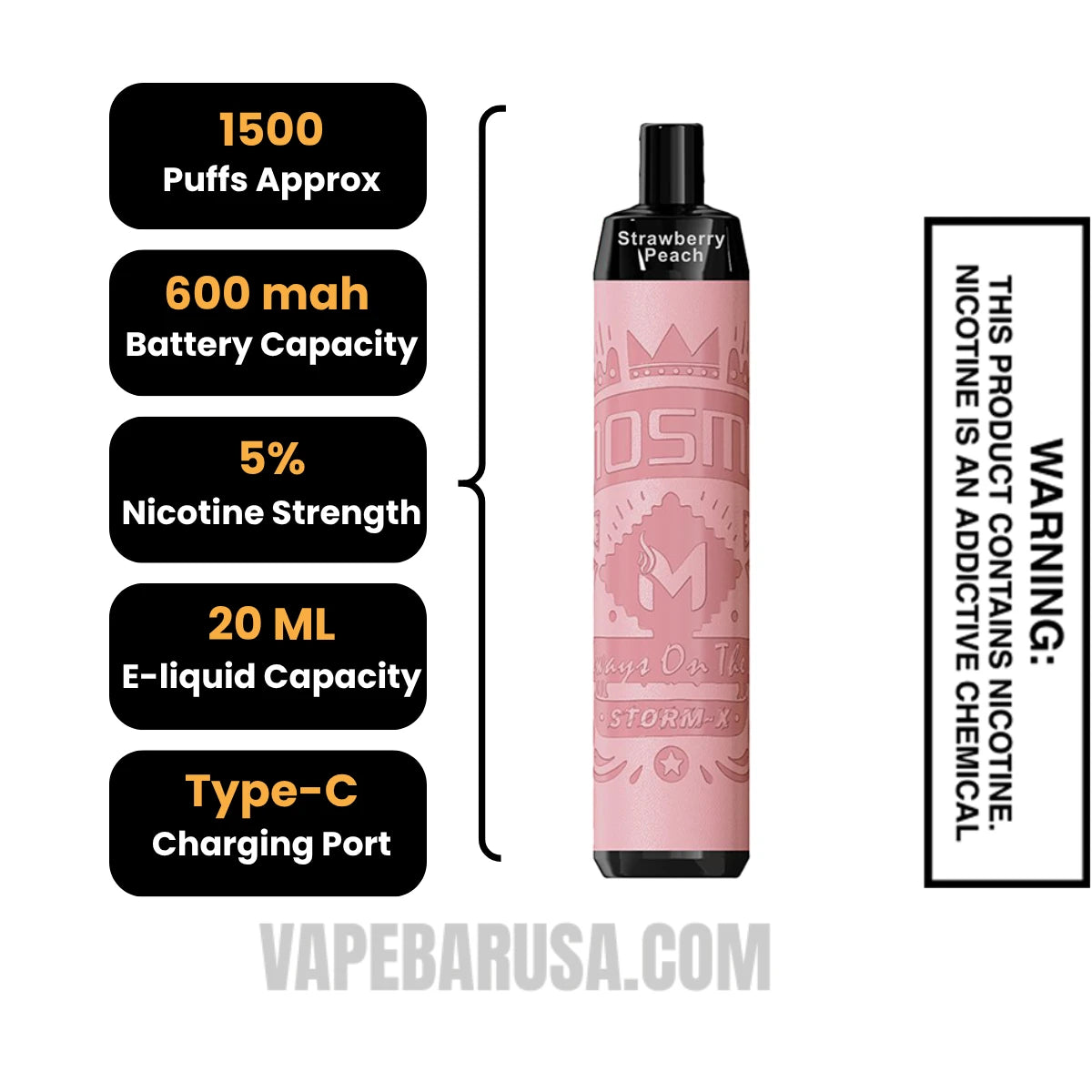 Strawberry Peach MOSMO STORM X Mini 1500 Puffs Disposable Vape Specifications Strawberry Peach MOSMO STORM X Mini 1500 Puffs Disposable Vape Specifications