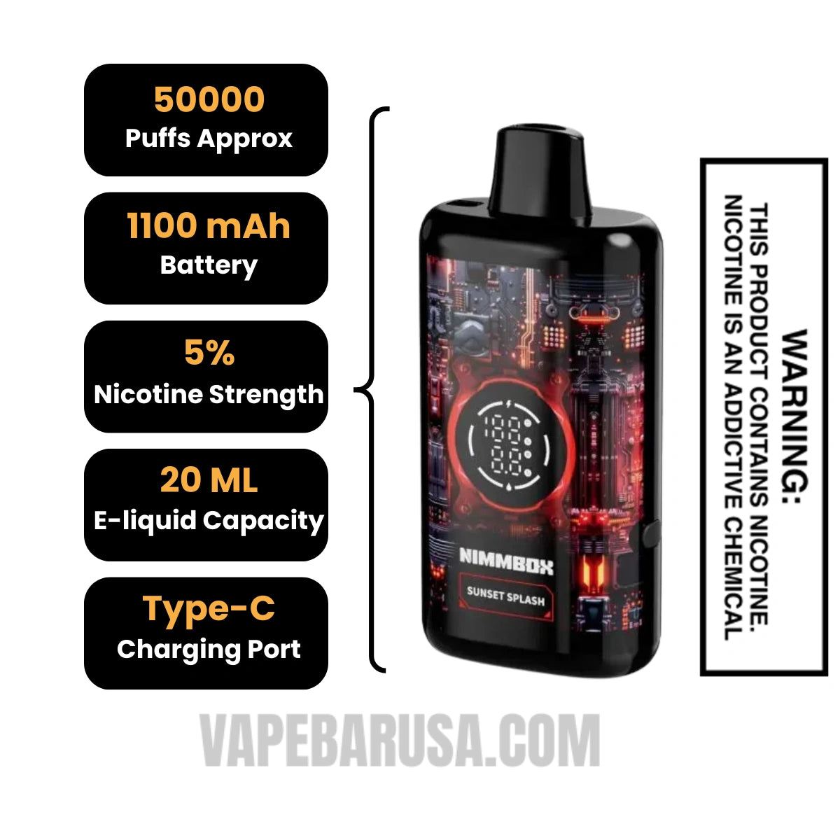 Sunset Splash Nimmbox MECHA 50K Disposable Vape Specifications Sunset Splash Nimmbox MECHA 50K Disposable Vape Specifications