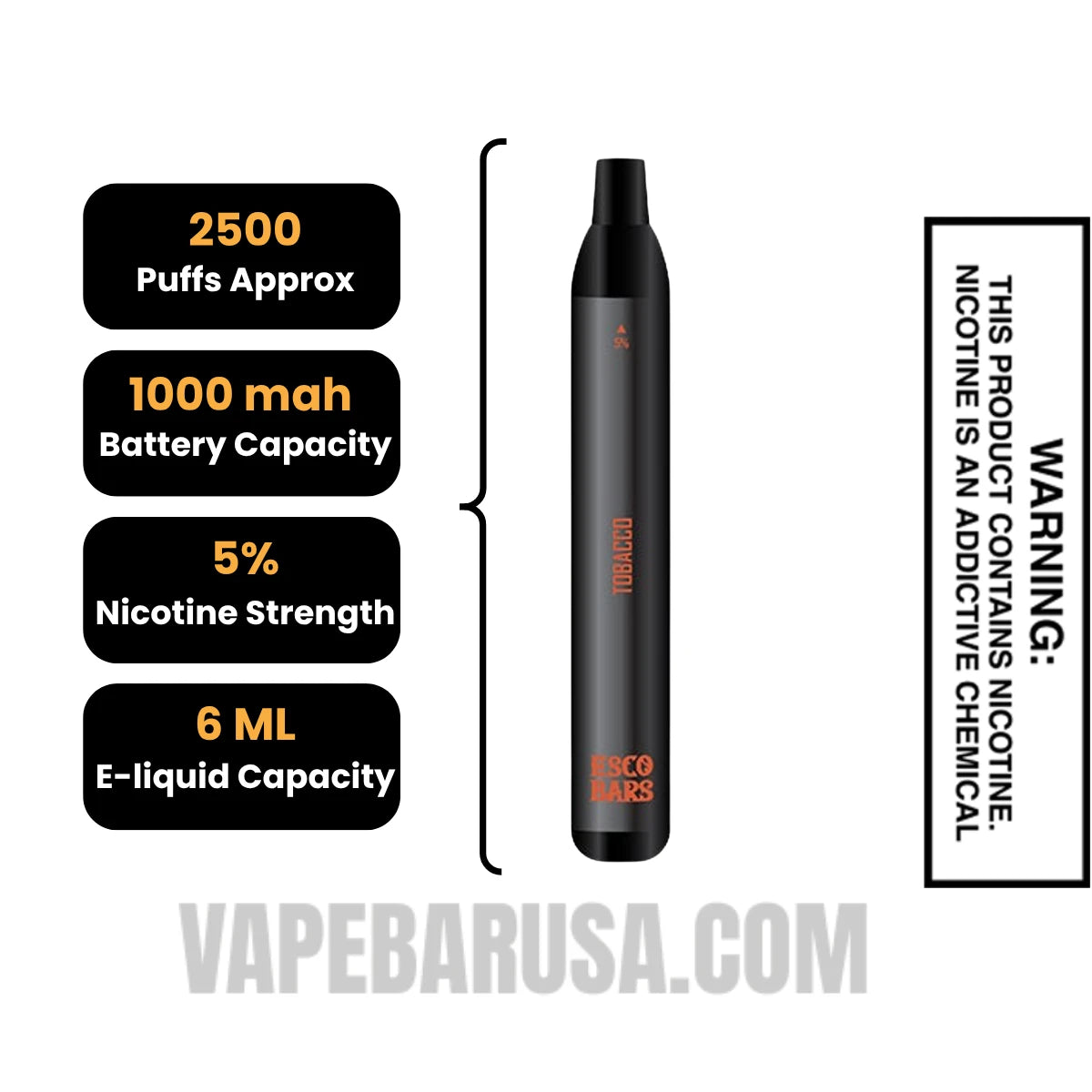 Tobacco Esco Bars 2500 Puffs Disposable Vape Specifications
Tobacco Esco Bars 2500 Puffs Disposable Vape Specifications