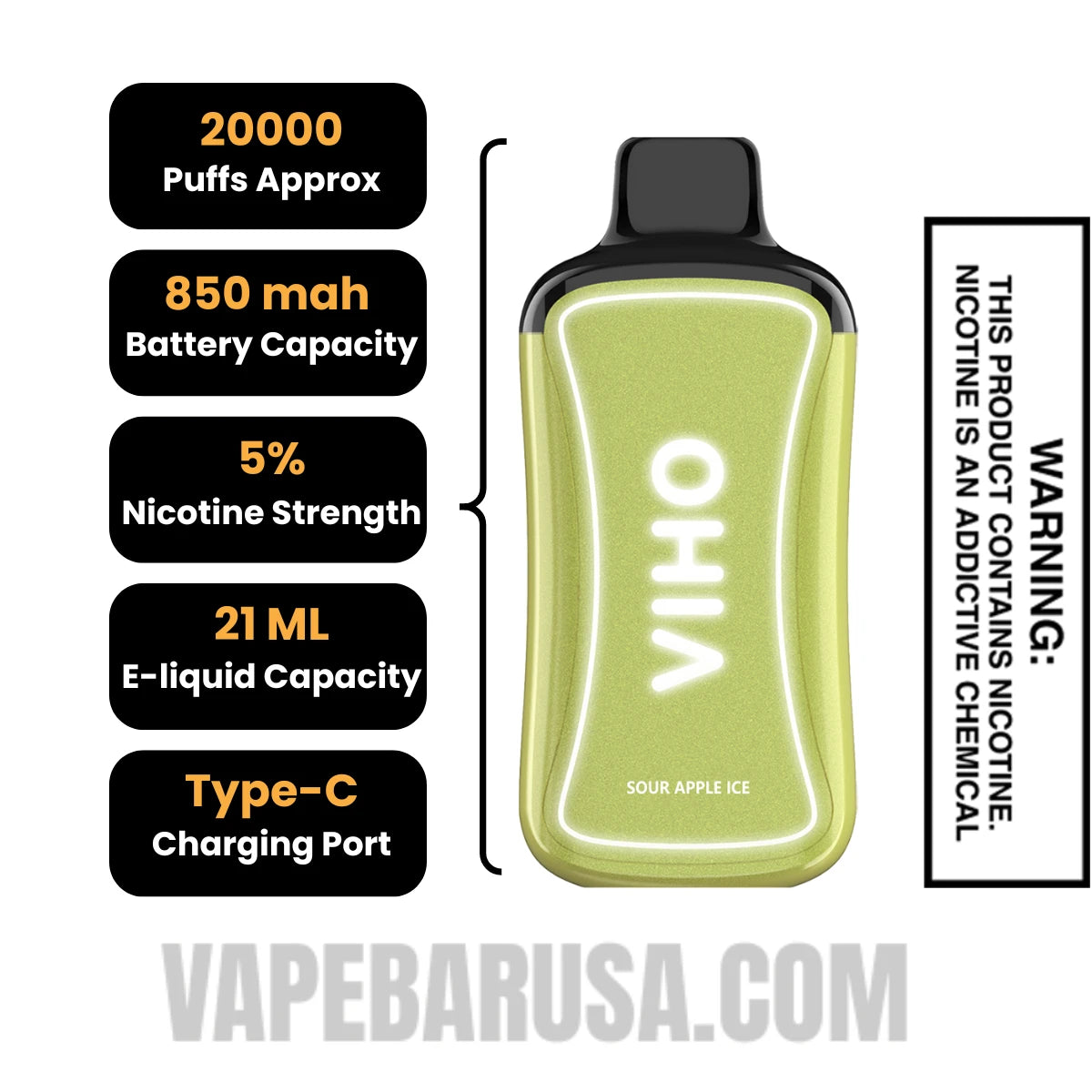 Sour Apple Ice VIHO Supercharge Zero nicotine Disposable Vape Specifications Sour Apple Ice VIHO Supercharge Zero nicotine Disposable Vape Specifications