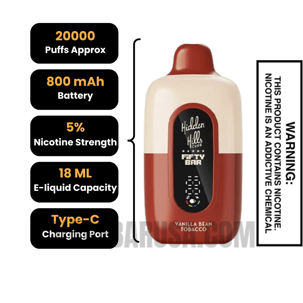 Vanilla Bean Tobacco Hidden Hills X Fifty Bar 20K Vape Specifications Vanilla Bean Tobacco Hidden Hills X Fifty Bar 20K Vape Specifications