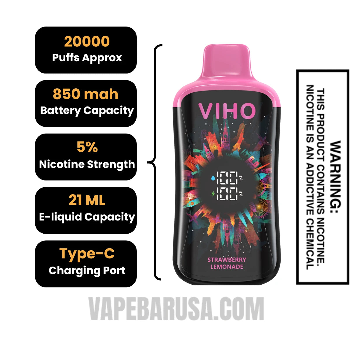 Strawberry Lemonade VIHO Supercharge Pro Disposable Vape Specifications Strawberry Lemonade VIHO Supercharge Pro Disposable Vape Specifications