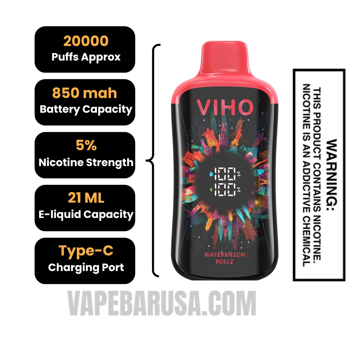 Watermelon Rollz VIHO Supercharge Pro Disposable Vape Specifications Watermelon Rollz VIHO Supercharge Pro Disposable Vape Specifications