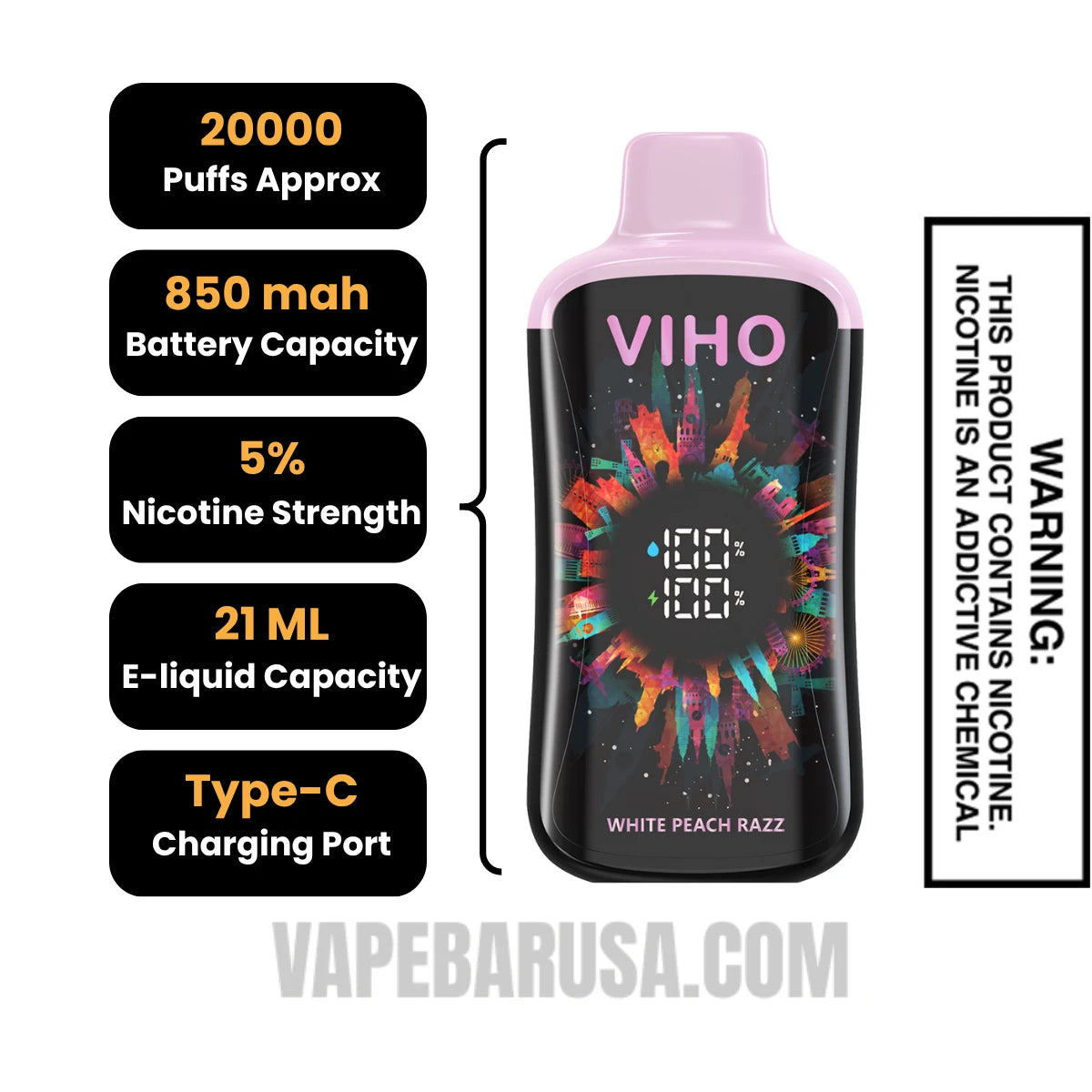 White Peach Razz VIHO Supercharge Pro Disposable Vape White Peach Razz VIHO Supercharge Pro Disposable Vape