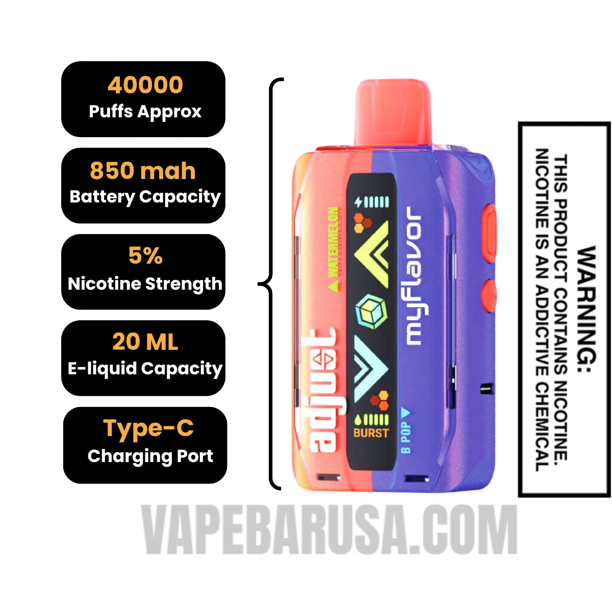 Watermelon B-Pop Adjust MyFlavor 40K Disposable Vape Specifications Watermelon B-Pop Adjust MyFlavor 40K Disposable Vape Specifications
