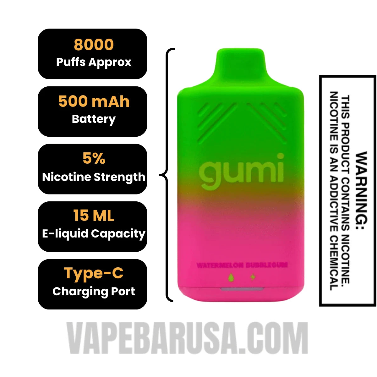 Watermelon Bubblegum Gumi Bar Disposable Vape 8000 Puffs Specifications Watermelon Bubblegum Gumi Bar Disposable Vape 8000 Puffs Specifications