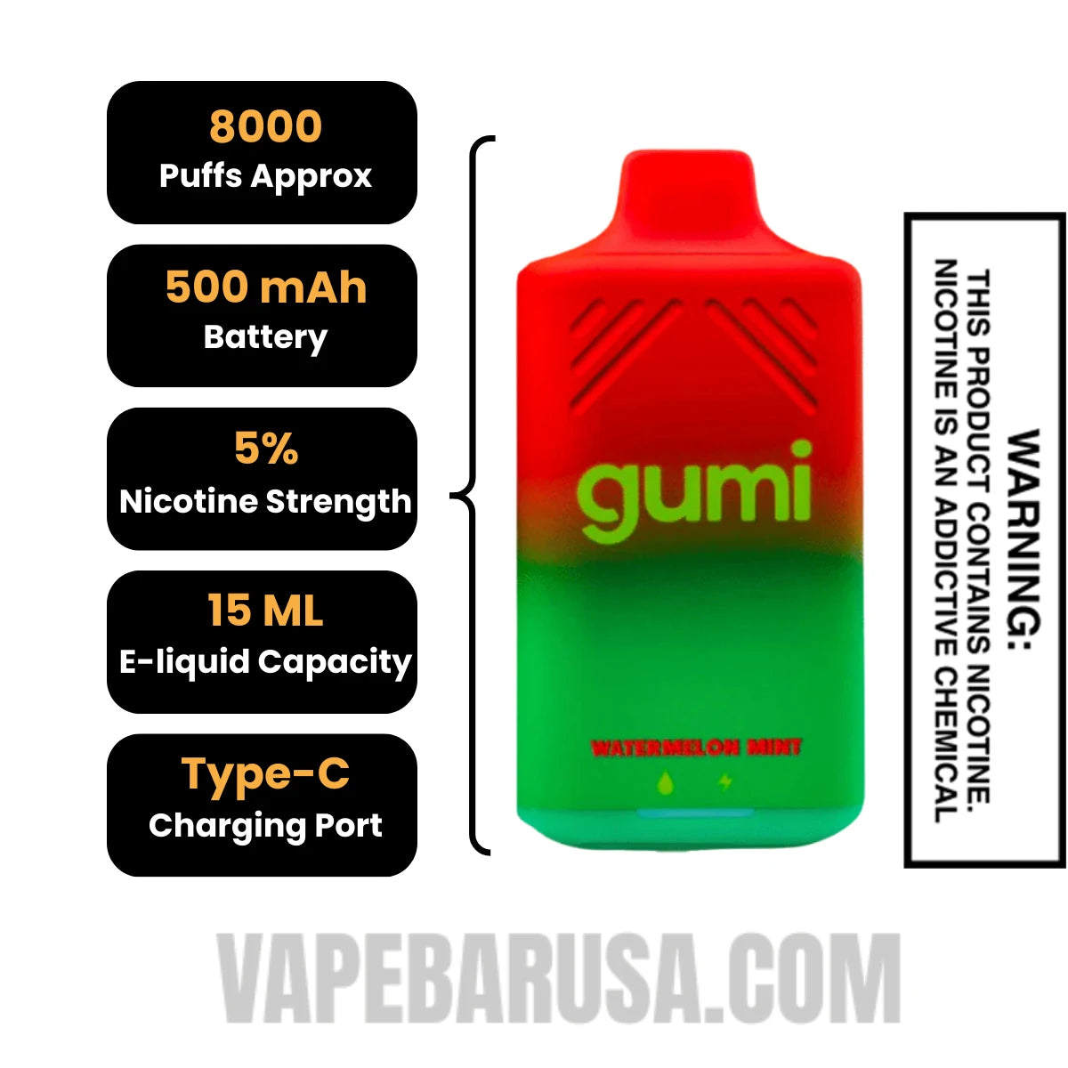 Watermelon Mint Gumi Bar Disposable Vape 8000 Puffs Specifications Watermelon Mint Gumi Bar Disposable Vape 8000 Puffs Specifications