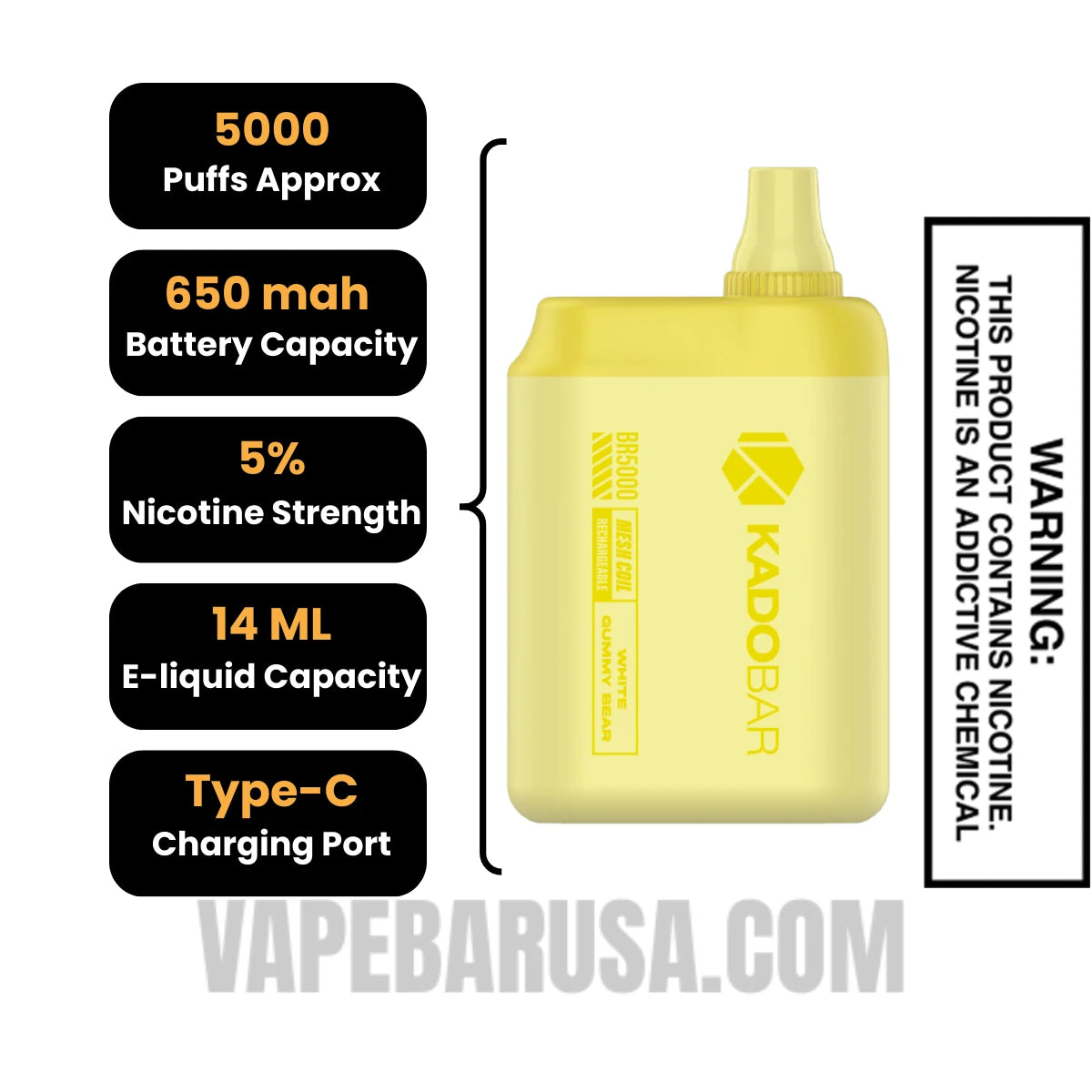White Gummy Bear Kado Bar BR5000 Disposable Vape Specifications White Gummy Bear Kado Bar BR5000 Disposable Vape Specifications