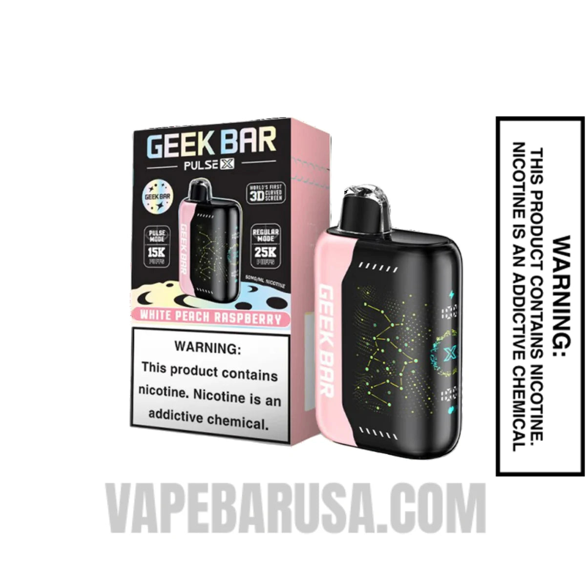 White Peach Raspberry Geek Bar Pulse X Disposable Vape With Package Box White Peach Raspberry Geek Bar Pulse X Disposable Vape With Package Box