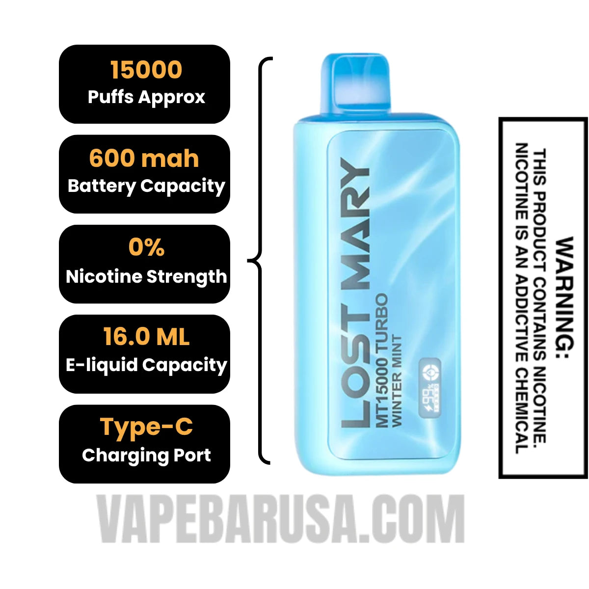 Winter Mint Lost Mary MT15000 Turbo Vape - 0% Nic Specifications Winter Mint Lost Mary MT15000 Turbo Vape - 0% Nic Specifications