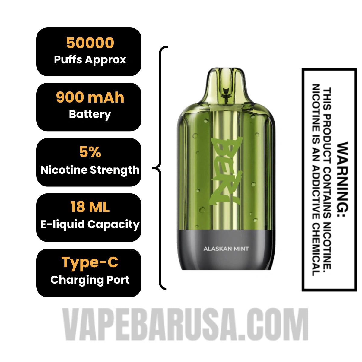 Alaskan Mint Beri Cliq 50K Disposable Vape Pod Specifications