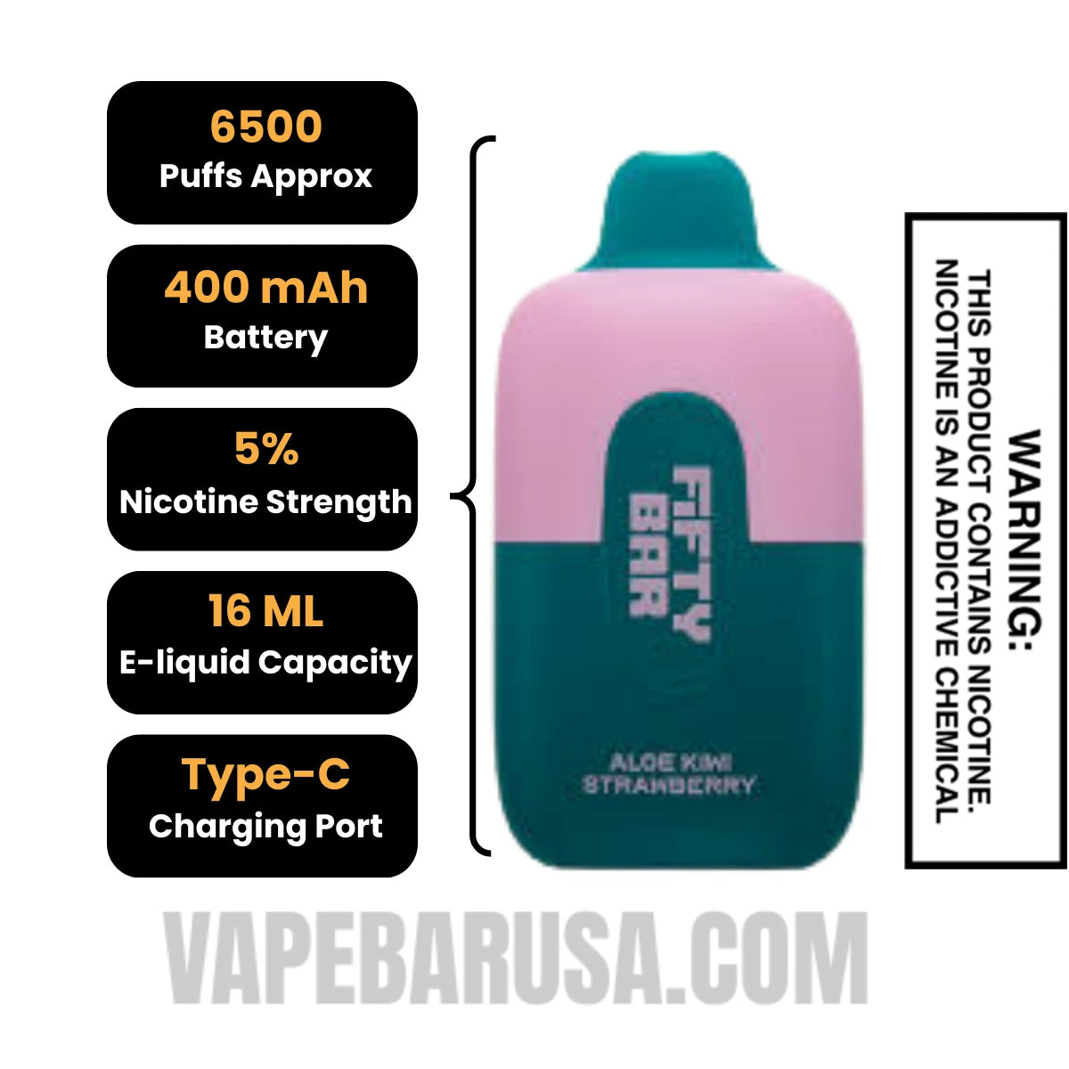 Aloe Kiwi Strawberry Fifty Bar Disposable Vape 6500 Puffs Specifications
